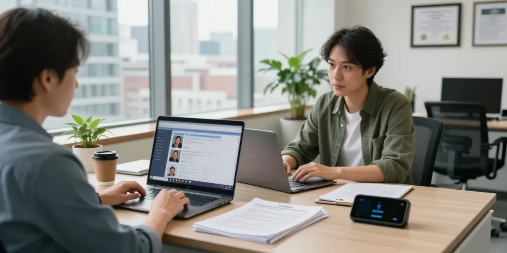 Professional investigative office scene with a consultant engaging with clients, showcasing modern technology and an inviting atmosphere.