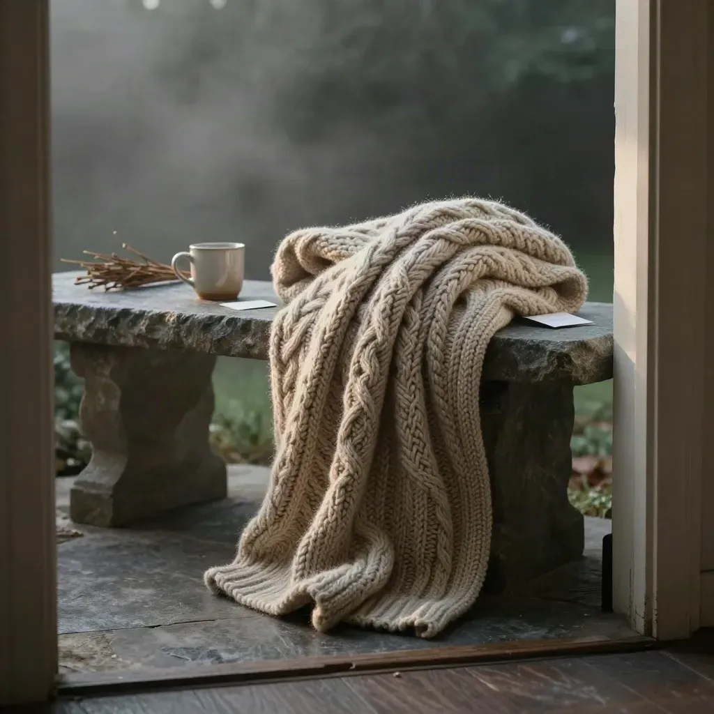 Oatmeal chunky knit throw on a stone bench with mug, basket and dried stems in misty dawn light