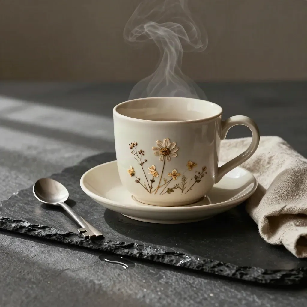 Pressed flower mug with saucer, spoon and linen napkin on wet stone, with steam and ripples.