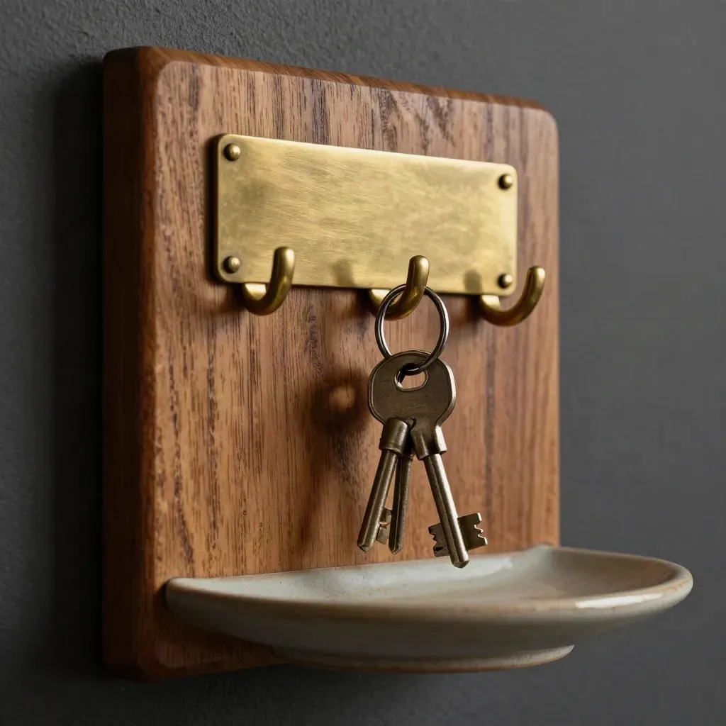 Oak key hook board with brass hooks and keys beside a ceramic tray on a charcoal wall.