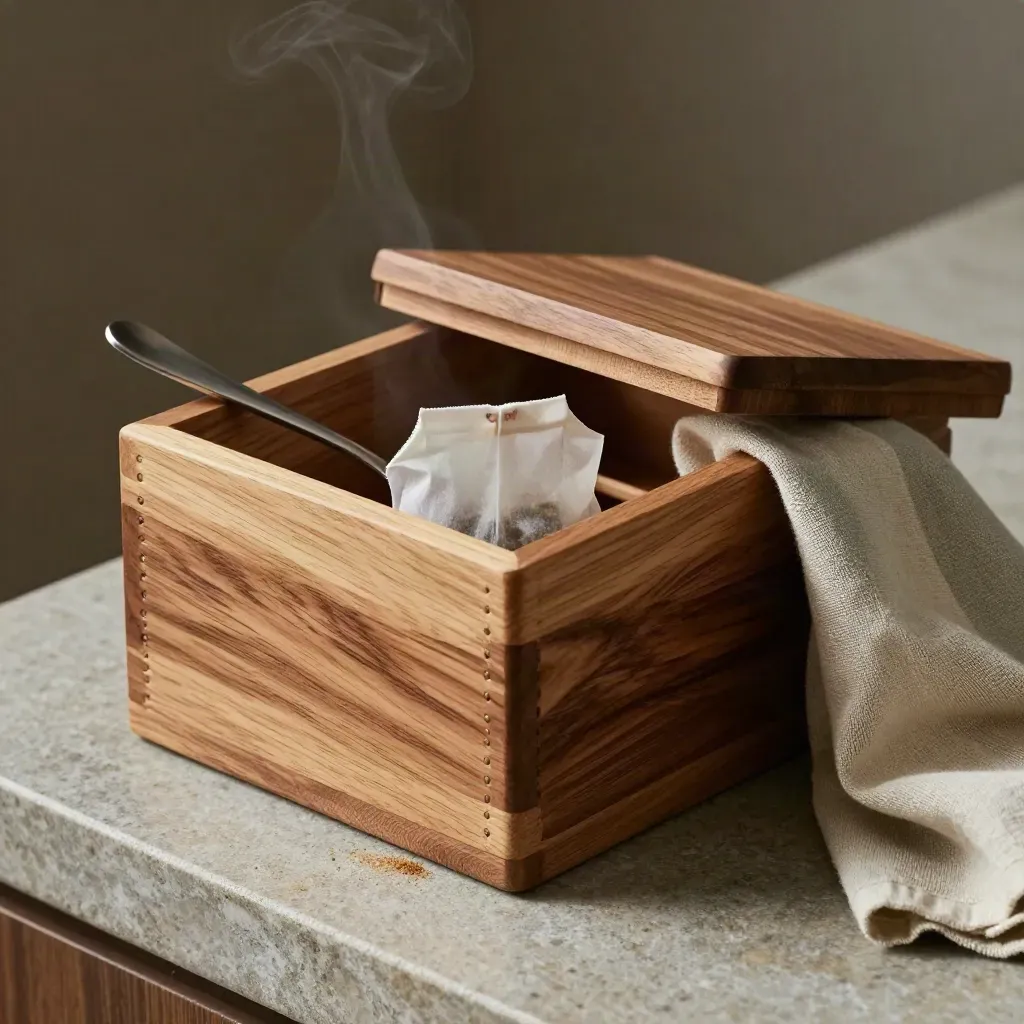 Wooden tea caddy half-open with tea bags, spoon and sage linen on stone.