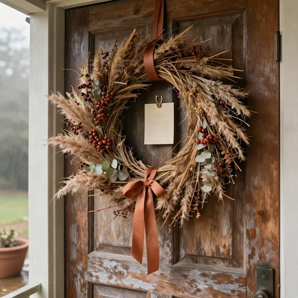 Seasonal wreath on a weathered oak door in misty drizzle, seen from below.