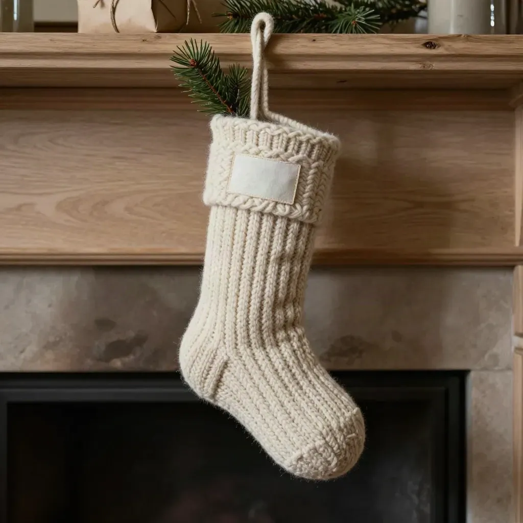 Chunky knit stocking hanging on a mantel with pine sprig and wrapped parcel in warm haze.