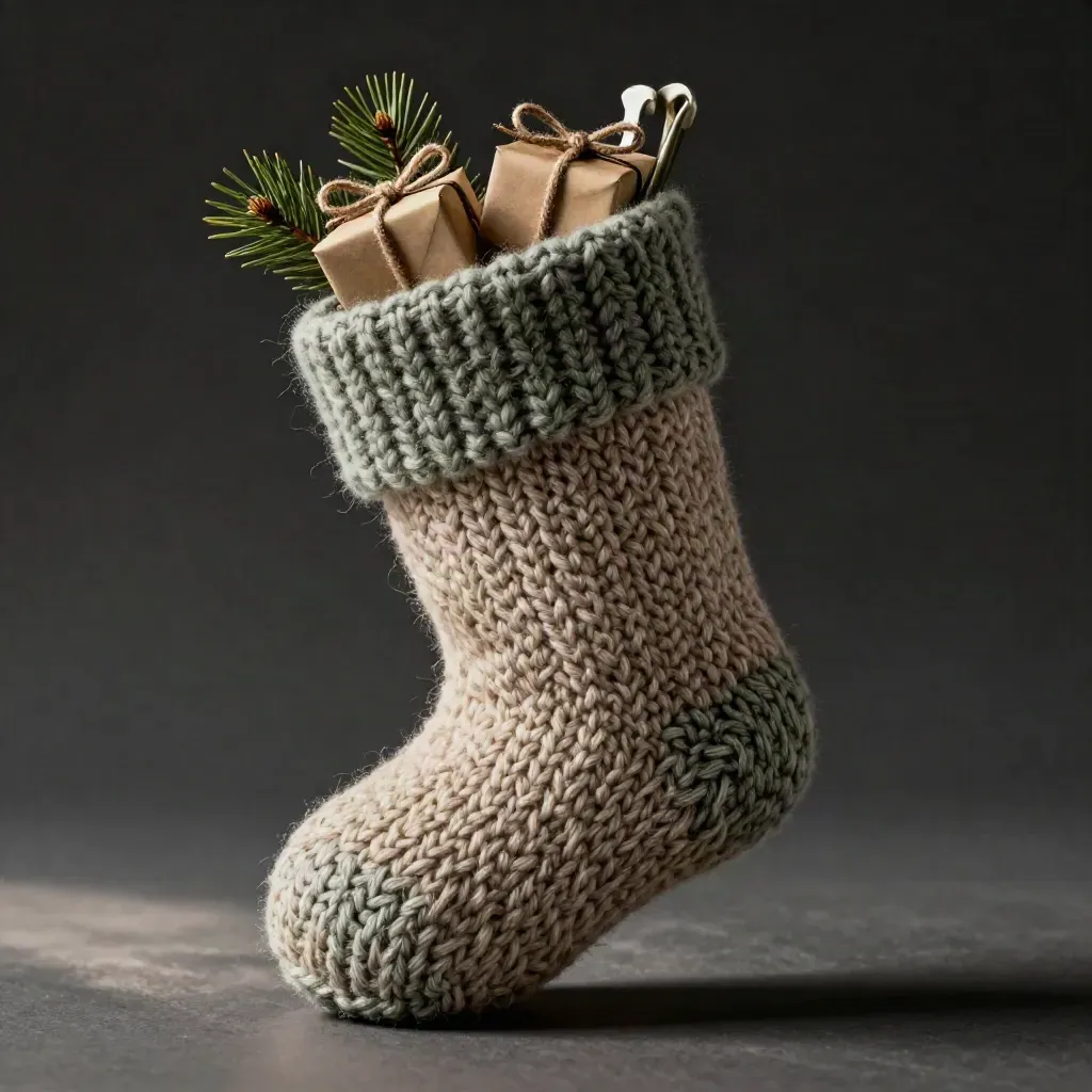 Macro of a wool mini knit stocking with tiny wrapped gifts and pine needles