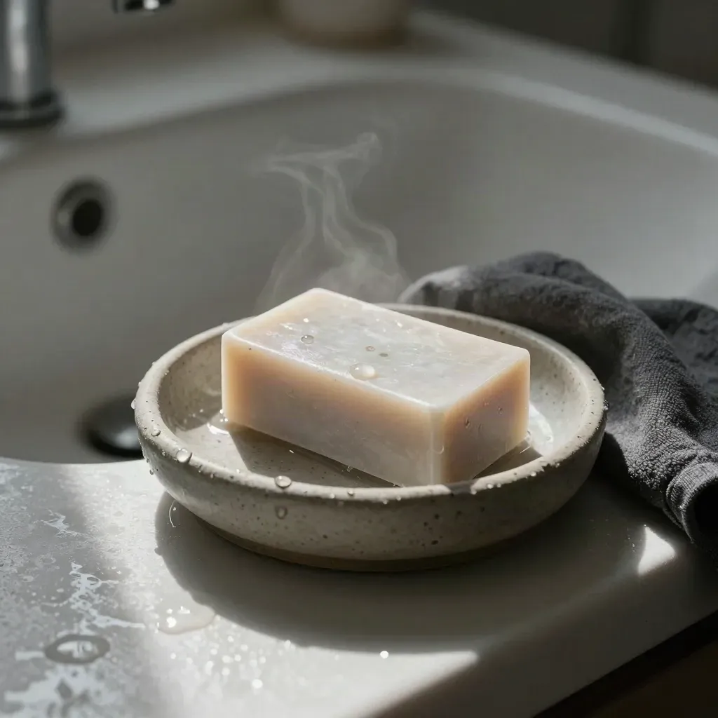 Speckled clay soap dish with pale soap bar and droplets on a tiled sink edge