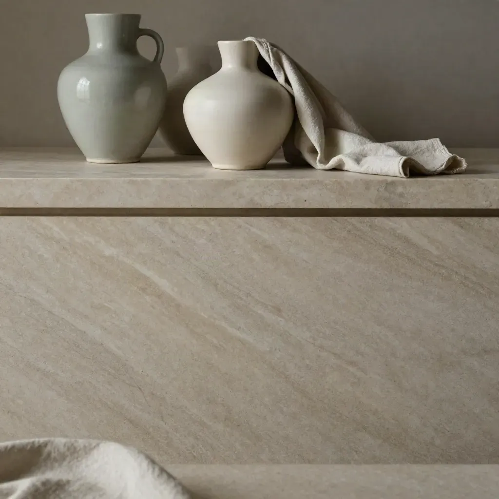 Stone plinths with ceramic forms and a linen drape on a calm marble surface